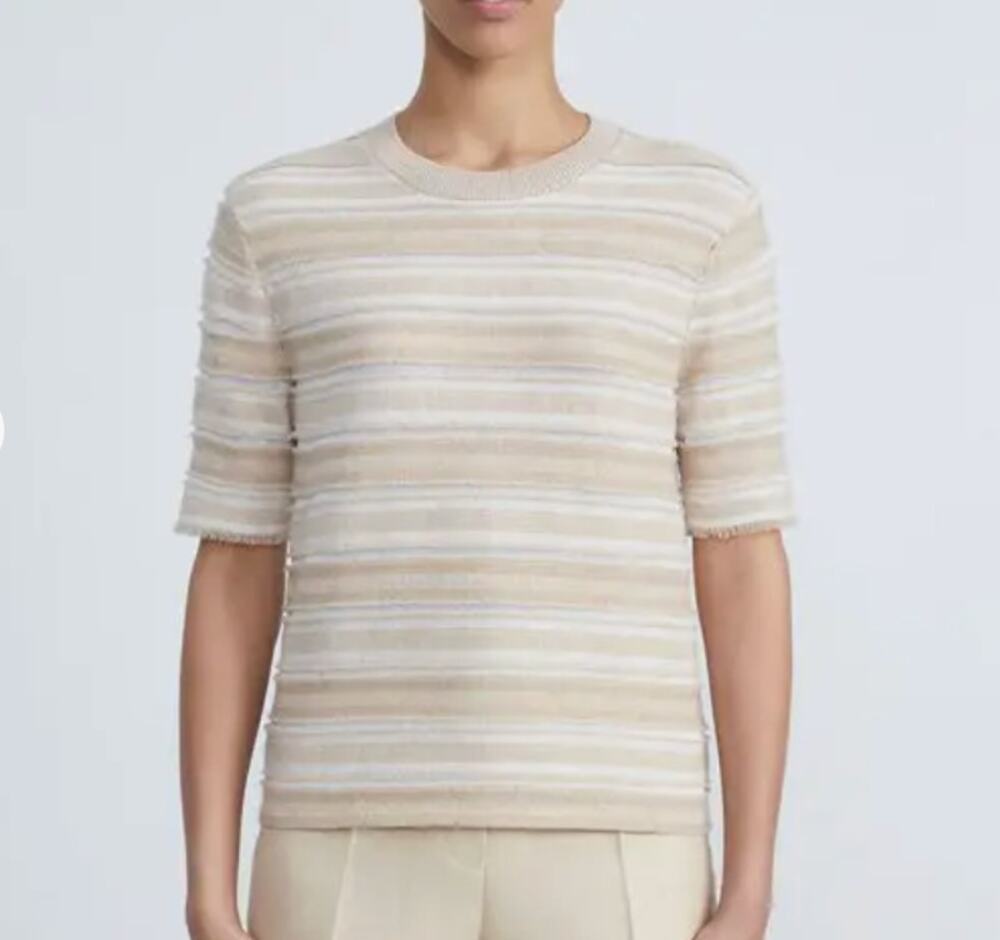 Lafayette 148 Cashmere Jacquard Fringed Short Sleeve Voile Stripe Sweater Top XS